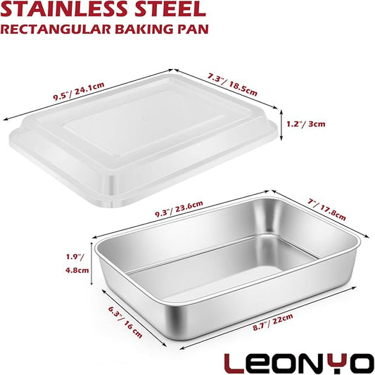 Leonyo 4 Pack Lasagna Pan with Lid, 9.3 x 7 Inch Rectangle Bakeware Cake Pan with Lid, 2 Inch Deep Stainless Steel Baking Tray Sheets for Baking Commercial Kitchen, Focaccia Bread, Casserole Dish