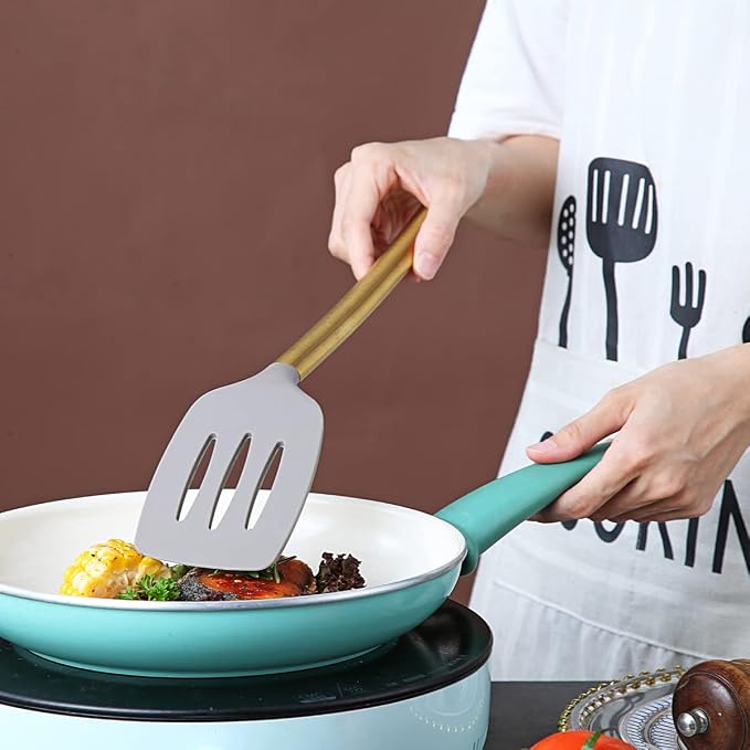 Berglander Non-stick Silicone Slotted Turner with Titanium Gold Plated Handle for Cooking, Dishwasher Safe, Easy to Clean
