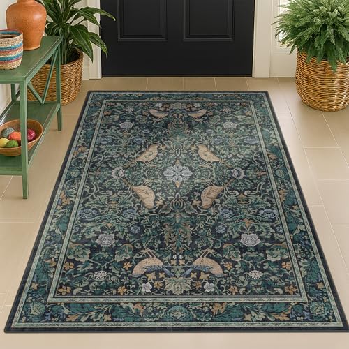 Vintage Large Entryway Rugs Indoor, 3x5 Washable Blue and Green Floral Rugs for Kitchen Floor, Bedroom Beside Bed, Non-Slip & Low Pile Stain Resistant Laundry Carpet with Plant & Bird Pattern