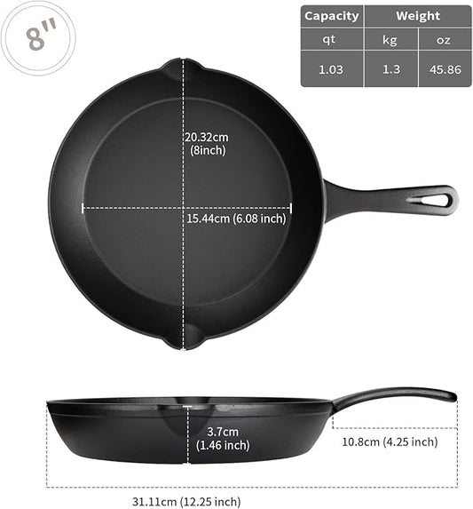 8 Inch Cast Iron Skillet, Pre-Seasoned, Induction Safe | Pre-seasoned 8" skillet for breakfast, eggs & sides. Serves 1-2. No lid included. Induction & oven safe. PFOA-free.