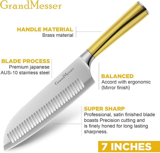 Santoku Knife, Chef's Kitchen Knife 7 Inch, Japanese Steel AUS-10 Chef Knife, with Pure Copper Ergonomic Handle & Gift Box.