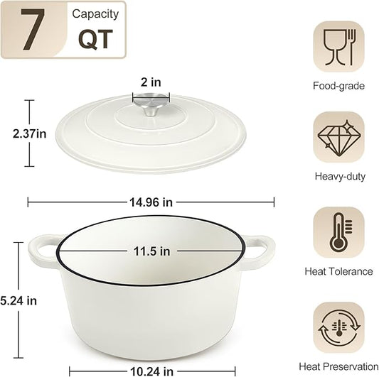 P&P CHEF 7QT Enameled Dutch Oven, Cast Iron Dutch Oven Pot with Lid for Bread Baking, Enameled Casserole Pot for Roasting Braising Stewing Frying Simmering, Various Stoves & Easy Clean, White