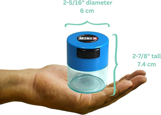 TIGHTPAC MINIVAC Portable Vacuum Seal Airtight Container – Keeps Coffee Beans, Grounds, Tea, Spices & Herbs Fresh Longer – Travel-Ready, NSF-Certified Food-Grade Storage, 10 to 30 Grams, Blue Clear
