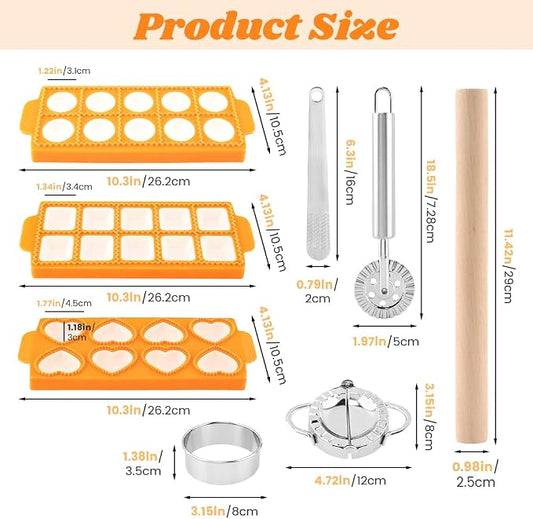 8PCS Ravioli Maker Press Set,Ravioli Stamp Maker Cutter with Wood Rolling Pin,Empanada Maker-Press,Ravioli Wheel and Stuffing Spoon,for Homemade Pasta,Dumpling,Pastry Kit(Yellow)