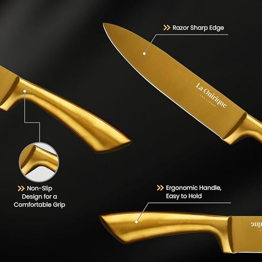 Luxury 7-Piece Gold Kitchen Knife Set with Rod Sharpener – Titanium-Coated Stainless Steel Knives Set for Kitchen, Super Sharp Cutlery Tools, Premium Cookware Gift for Home Chefs