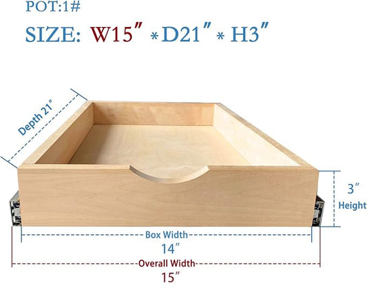 Soft-closing drawer, Slide soft close cabinet drawers, Wood Pull Out Tray Drawer Box Kitchen Cabinet Organizer, Cabinet Slide Out Shelve, Wooden Pull-Out Shelf-Fast and Easy D.I.Y. (15"W×21"D×3"H)