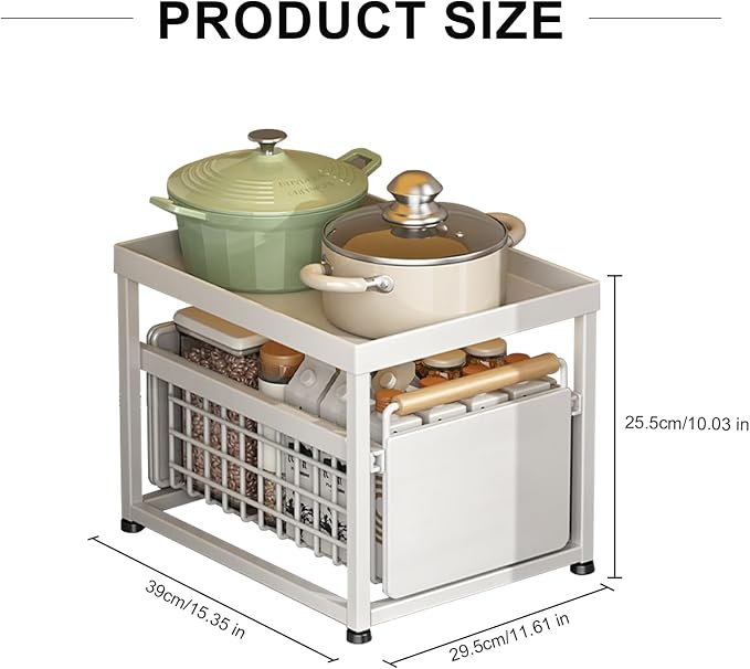 2 Tier Pull-out Storage Organizer, Slide Out Kitchen Cabinet Storage Sliding Shelves, Under Sink Organizers Drawer, Mesh Cabinet Basket with Handle for Bathroom, Home(White, Single Layer L)