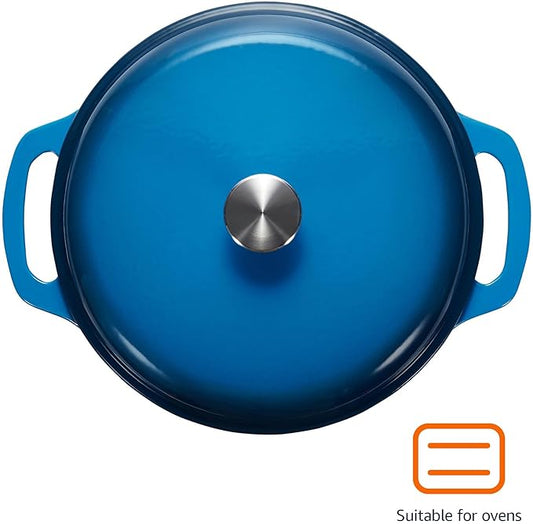 Amazon Basics Enameled Cast Iron Dutch Oven Pot with Lid, Round, Dual Handles, Heavy-Duty, Oven Safe for Stews, Roasting, Baking, 6-Quart, Blue