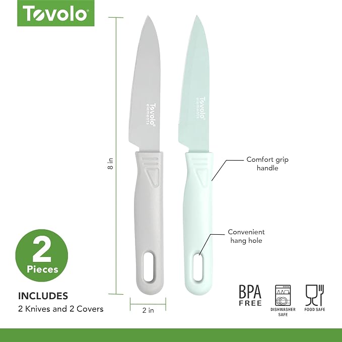 Tovolo Paring Knife Set of 2 Stainless Steel 8 Inch Kitchen Knives with Protective Blade Cover, Sharp Small Comfort Grip Handle Paring Knife Set for Cutting Slicing Dicing, Blue Haze & Oyster Gray