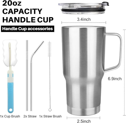 20 oz Tumbler with Handle, Stainless Steel Insulated Tumbler with Lid and Straw, Double Wall Vacuum Coffee Mug Tumbler, Insulated Coffee Thermal Cup for Cold and Hot (Silver)