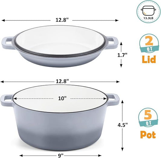 TeamFar 5 Quart Enameled Cast Iron Dutch Oven, 2-In-1 Dutch Oven Pot Cookware with Skillet Lid for Bread Baking Braising Stewing Roasting, Sturdy & Nonstick, Oven Safe & Fit for Induction (Grey)
