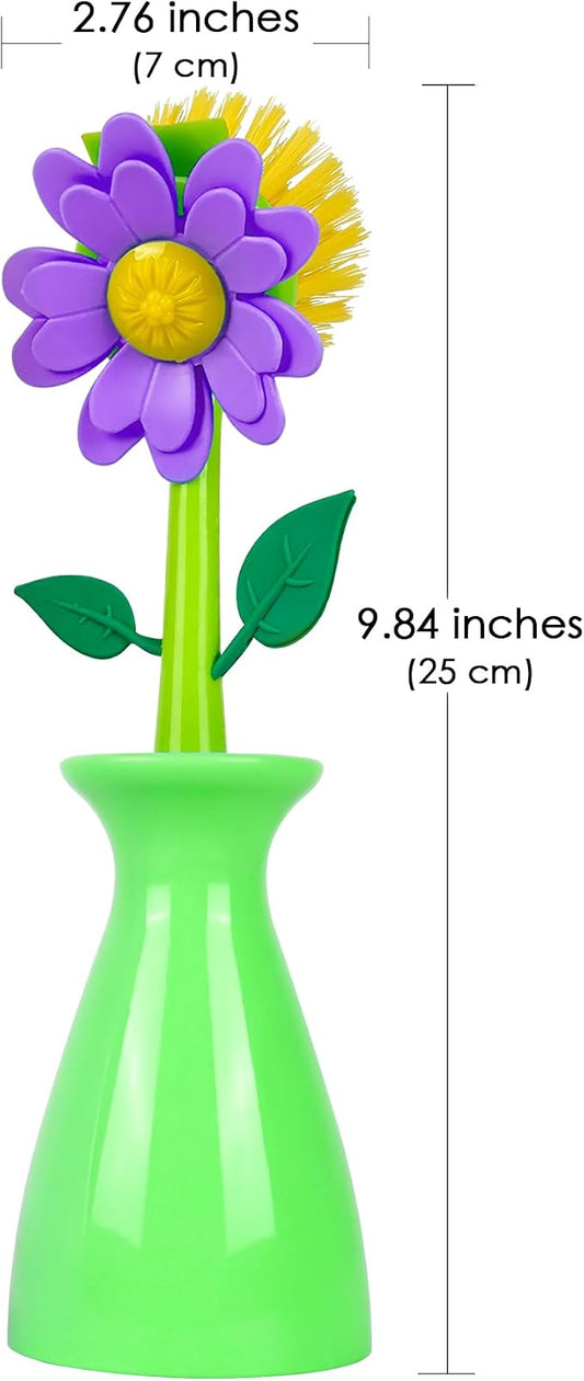 Long Handle Vegetable and Fruit Brush, Florganic Dish Brush with Vase, Long Handle Dish Brush Kitchen, for Cleaning Pot Pan Sink Kitchen Supplies Decorative Vase (2 Pcs Green, Pink)