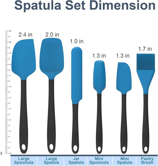 Silicone Spatula Set, 6 Pieces Food Grade Kitchen Utensils with Silicone Brush Heat Resistant Dishwasher Safe BPA-free Rubber Spatula for Scraping, Baking, Cooking, Mixing (Blue)