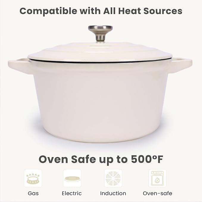 QuliMetal Enameled Cast Iron Set 5-Pc, 10" Stackable Space-Saving Cookware Set, Dutch Oven, Skillet, Grill Pan, with 2 Universal Lid, Versatile Enamel Dutch Oven, Included Spacers, White