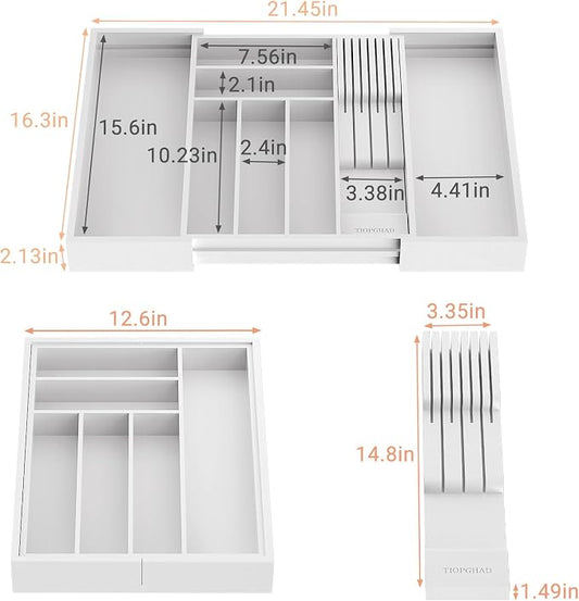 TIOPGHAD Bamboo-Silverware-Drawer-Organizer-Kitchen, Expandable Utensil Holder Cutlery Tray Flatware Organization Adjustable Wood Tableware Dividers Storage (with Removable Knife Block)(White)
