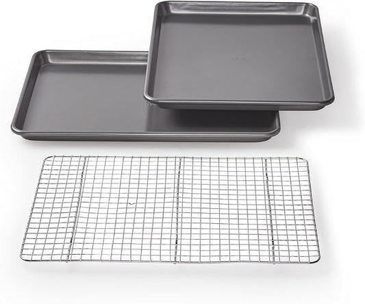 Chicago Metallic Professional Non-Stick Cookie/Jelly-Roll Pan Set with Cooling Rack, 17-Inch-by-12.25-Inch and Chicago Metallic Commercial II Traditional Uncoated 16-3/4 by 12-Inch Jelly-Roll Pan