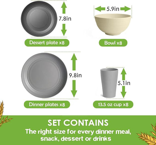 Teivio 32-Piece Kitchen Plastic Wheat Straw Dinnerware Set, Service for 8, Dinner Plates, Dessert Plate, Cereal Bowls, Cups, Unbreakable Colorful Plastic Outdoor Camping Dishes, Gray Stone