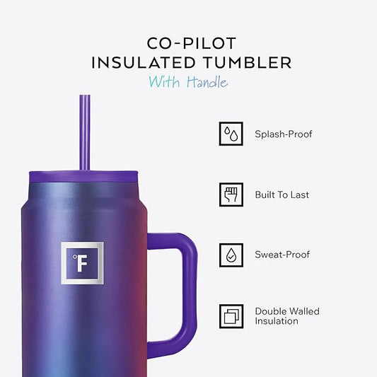 IRON °FLASK Co-Pilot Insulated Mug w/Straw & Flip Cap Lids - Cup Holder Bottle for Hot, Cold Drink - Leak-Proof - Water, Coffee Portable Travel Mug - Lavender, 50 Oz