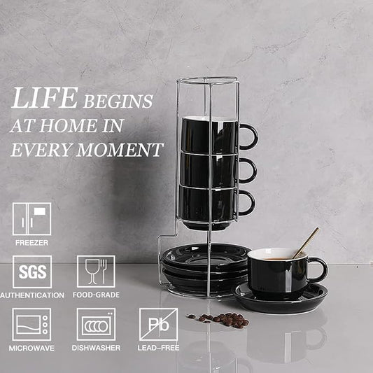 Sweejar Porcelain Cappuccino Cups with Saucers and Metal Stand, 8 Ounce Stackable Espresso Cups for Specialty Coffee Drinks, Latte, Americano, Tea - Set of 4 (Black)