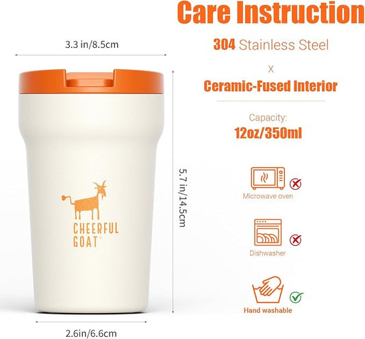 CHEERFUL GOAT Ceramic Lined Coffee Travel Mug – Stainless Steel Travel Coffee Tumbler with Ceramic Liner, with lid, 12oz Coffee Cup for Hot and Cold Water Coffee at Home, Office, or On the Go (white)