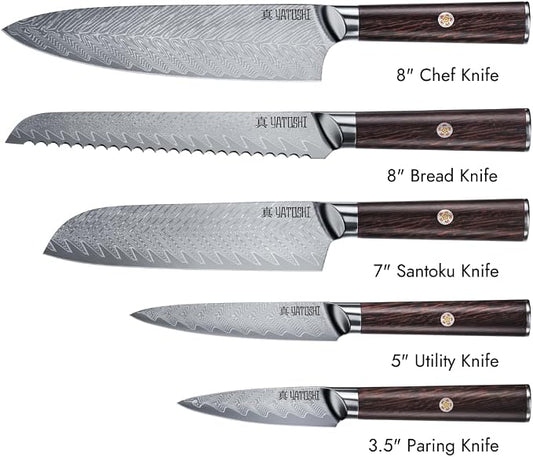 Yatoshi Knives Magnetic Kitchen Knife Block Set - Japanese 67 Layer High-Grade VG-10 Steel Knives, Sharp, G10 Handle Professional Kitchen Knife Set - Damascus (6 pieces), Brown Pakkawood Handles