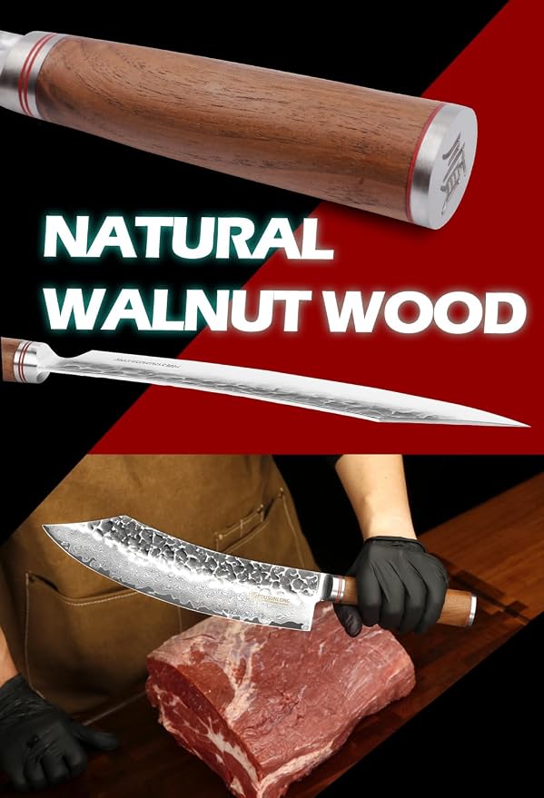 YOUSUNLONG Butcher Knife10 inch Pro Breaking Knives Japanese Hammered Damascus Steel Natural Walnut Wooden Handle with Leather Sheath