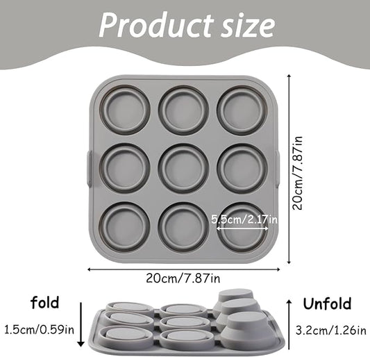 9-Cavity Silicone Mold Pan for Tiered Mini Cakes, Set of 2, Non-Stick Collapsible Cupcake Baking Tray for Muffin, Grey