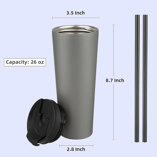 Konokyo 26 OZ Insulated Tumbler with Lid and 2 Straws Stainless Steel Water Bottle Vacuum Travel Mug Coffee Cup,Gray