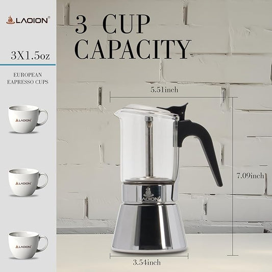 LAOION Stovetop Espresso Maker, 3Cup 160ml Moka Pot, Crystal Glass-top & Stainless Steel Coffee Maker Mocha Pot, Greca De Cafe, Cuban and Italian Coffee Maker for Cafetera Cubana