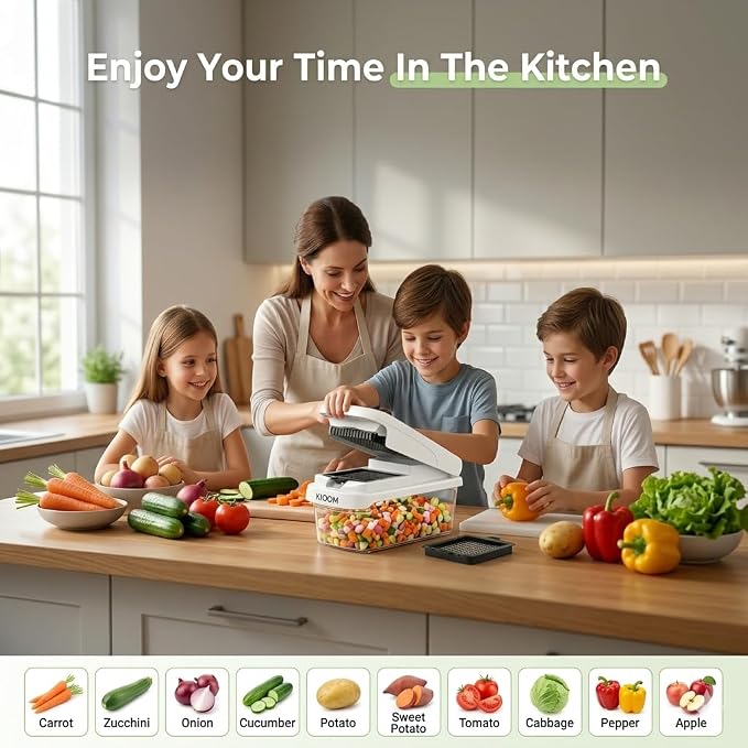 Vegetable Chopper 15 in 1 with Container – Mandoline Slicer, Onion Chopper Dicer, Food Chopper, Cheese Grater & Veggie Slicer for Kitchen Meal Prep | KIOOM