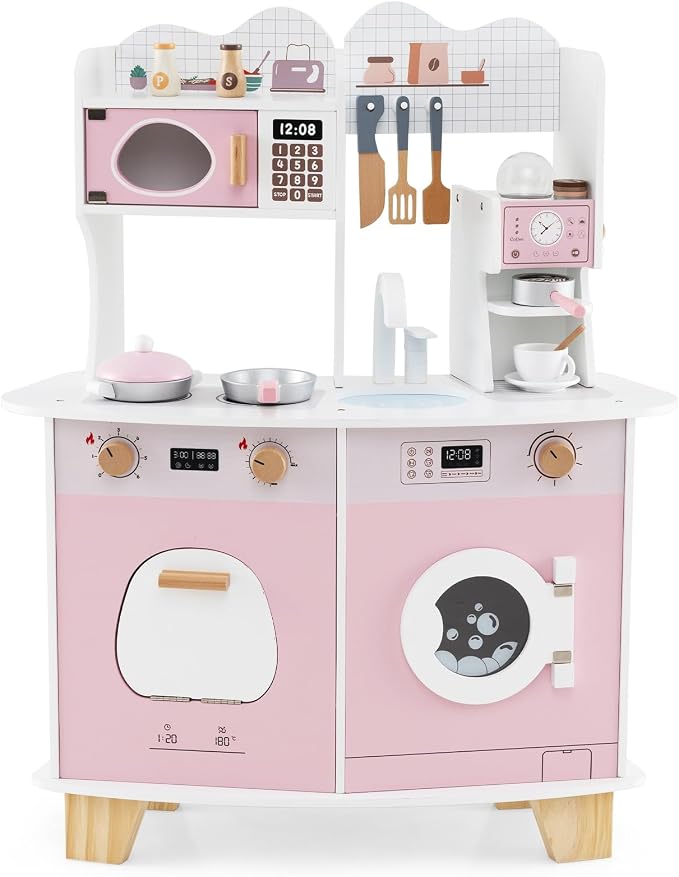 Costzon Play Kitchen, Wooden Toy Kitchen Set with Coffee Maker Playset, Washing Machine, Microwave, Oven, Pretend Play Cooking Accessories, Kids Kitchen Playset, Gift for Boys Girls (Pink)