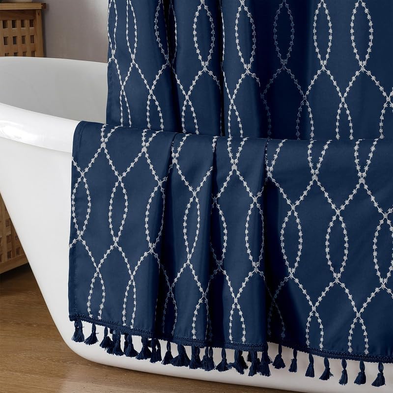 OVZME Extra Long Navy Blue Shower Curtain 84 Inch Long, Puff Printed Textured Shower Curtain with Tassels, Tall Farmhouse Geometry Bathroom Curtain, Water Resistant Fabric, 72Wx84L Inches