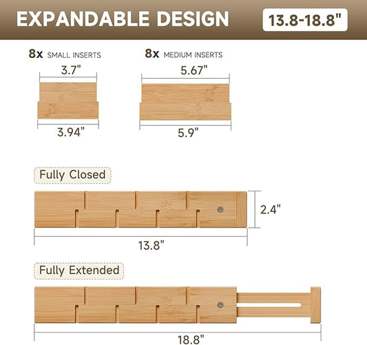 Bamboo Drawer Dividers, Expandable Kitchen Drawer Organizer, Include 8 Dividers, 8 Small Inserts and 8 Medium Inserts for Home, Office, Dressers