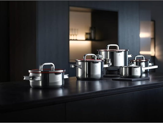 WMF Function 4 5-Piece Induction Saucepan Set, Glass Lid with 4 Pouring Functions, Polished Cromargan Stainless Steel, Induction Pots Set, Inner Scale