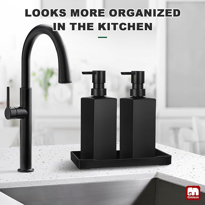 GMISUN Kitchen Soap Dispenser Set, Hand and Dish Soap Dispensers, 12 fl oz/350 ml Black Soap Dispenser with Tray, Glass Dish Dispenser for Kitchen, Liquid Hand Soap and Lotion Bottle Set for Bathroom