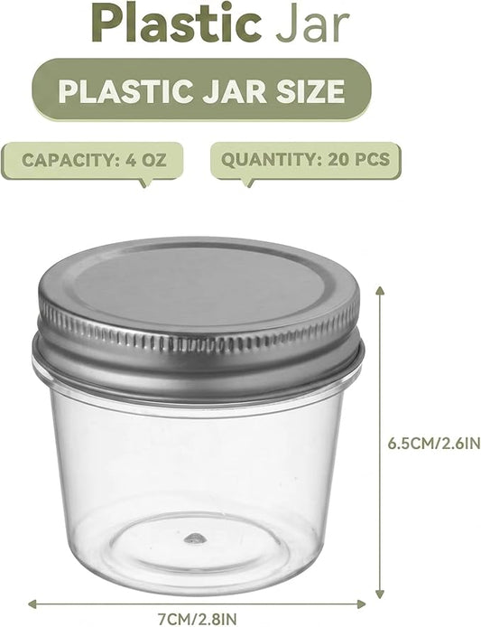 novelinks 4 oz Small Plastic Jars with Lids, 20 Pack Mini Plastic Mason Jars with Lids 4oz, Craft Storage Containers & Canning Jars & Small Spice Jars for Kitchen Organization (20 Pack,Silver)