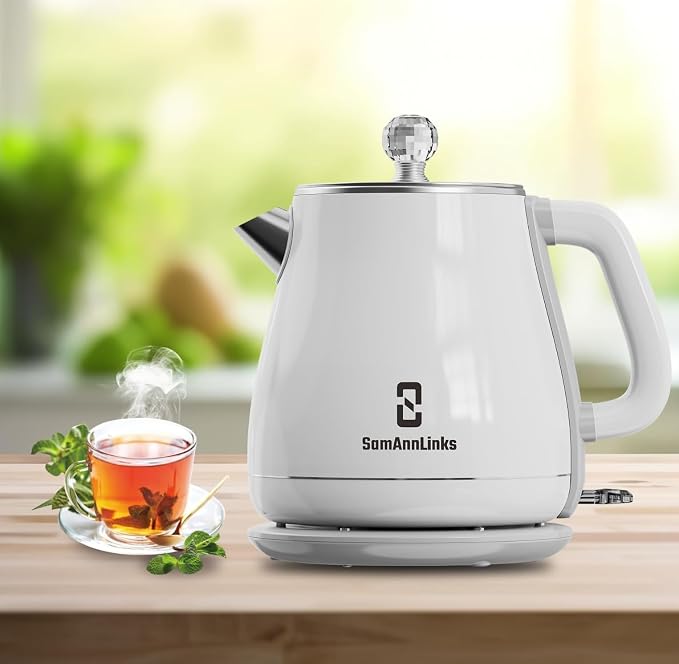 Electric Kettle - 1.8L Cordless Tea Pot, Stainless Steel Interior, Fast Boiling, Double Wall Insulation, Auto Shut-Off, White