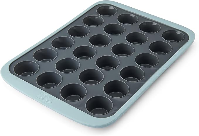 Chicago Metallic Silicone Mini Muffin Pan 24 Cup, Nonstick Cupcake Pan with Wire-Reinforced Rim, Oven Safe Flexible Baking Mold for Muffins, Egg Bites, and More, Blue, 14.6 x 10 Inches