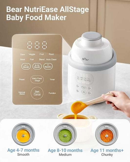 Bear All-Stainless Steel Baby Food Maker, NutriEase 3-Stage Texture, OneStep Baby Food Processor Puree Maker, Preset Function, Self-Clean&Dishwasher safe, Effortless Healthy Homemade Baby Food,Upgrade