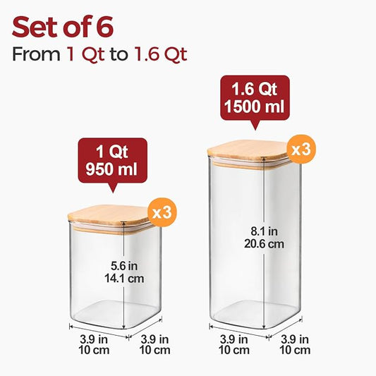 6-Pack Square Glass Pantry Storage Containers with Lids, Airtight Stackable Pantry Organization and Storage Set (1.6 Qt/1 Qt) for Snacks, Cereal & Coffee