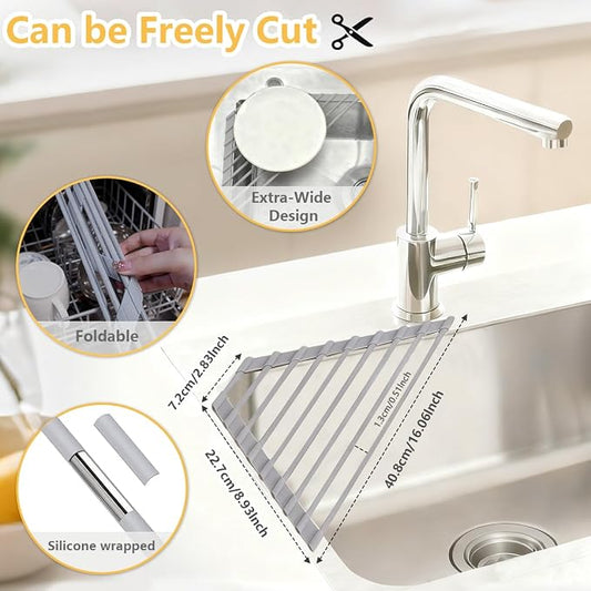 Credon Triangle Roll Up Dish Drying Rack, Foldable Anti-Slip Kitchen Sink Drainer Organizer, Silicone Coated Stainless Steel Frame, Multipurpose Over Sink Corner Caddy for Space Saving (Grey)