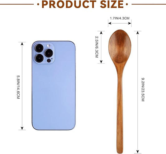 6 Pcs Wooden Spoons, 9 Inch Wood Soup Spoons for Cooking Mixing Eating,Oval Long Handle Spoon for Tea Jam Coffee Sugar Ice Cream and Bath Salts