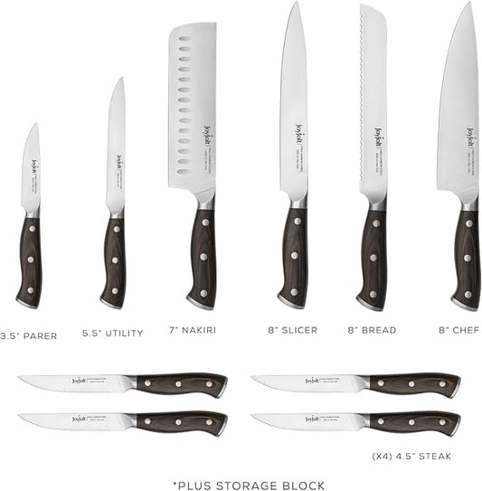 JoyJolt 11pc Kitchen Knife Set with Block. High Carbon, x50 German Steel Knives Set for Kitchen with Chef, Bread, Slicing, Nakiri, Utility, Paring and 4pc Steak Knife Set for Black Kitchen Decor