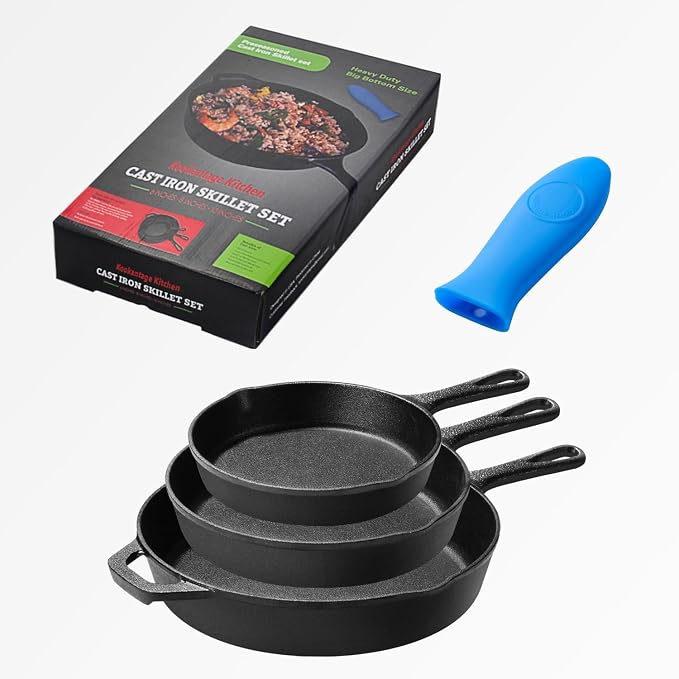 Cast Iron Skillet 3-Piece Set, Heavy-Duty Professional Restaurant Chef Pre-Seasoned Cookware Set, 6", 8", 10" Pans with Silicone Hot Handle Holder For Frying, Saute, Cooking, Oven, Grill