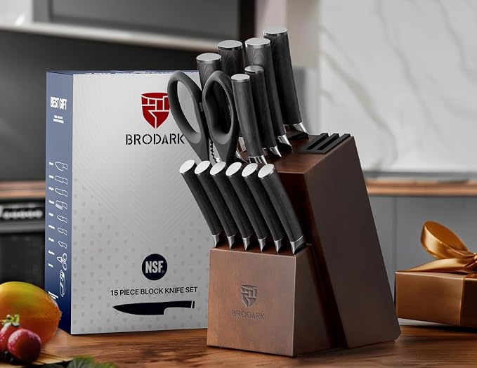 BRODARK Kitchen Knife Set, Ultra Sharp 15 Pcs Knife Set with Block, Full Tang Chef Knives, High Carbon Stainless Steel Knife Block Set with Sharpener, Wooden Handle, Christmas Gifts