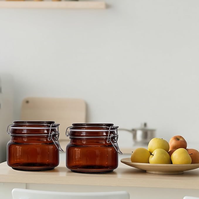 Norme 6 Pack 16oz Amber Airtight Glass Jars with Lids, Square Food Storage Container Airtight Food Wire Clip Fastening for Sauerkraut Flour Kitchen Sugar Cereal Kitchen Canning Pickling Mason Jars