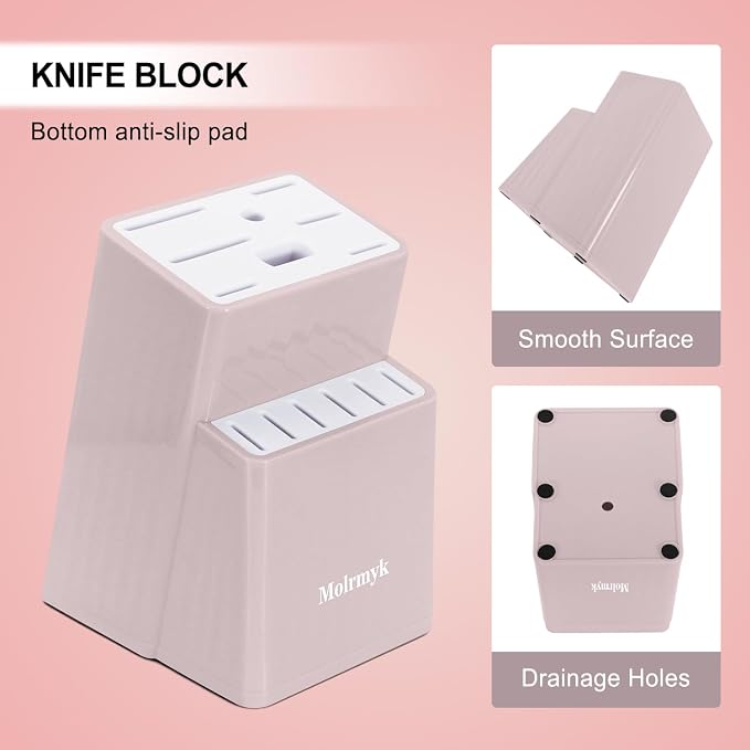 Knife Set, 15 Pcs Pink Kitchen Knife Set, Anti-Rust Non Stick Stainless Steel Sharp Pink Chef Knife Sets with Block, Ergonomic Non-slip Handle Knife Block Set with Steak Knife, Bread Knife, Scissors