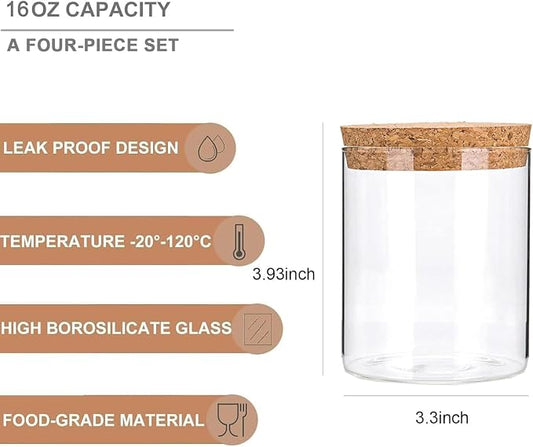 Airtight Glass Storage Containers with cork Lid, for Kitchen Pantry Organization and Storage jar,Ideal for Coffee Beans Snacks Flour Cereal Sugar Tea 16oz. (Circular 3.9 * 3.3in*4pcs)