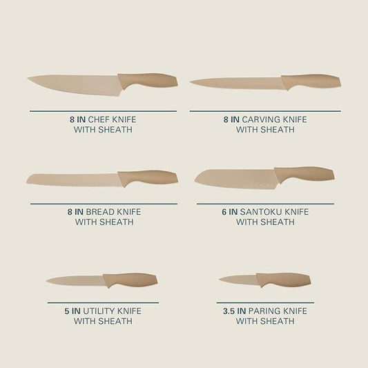 Gibson Home Bostonville 12 Piece Kitchen Knives Set W/Blade Guards/Sheaths, Chef Knife Sets With Nonstick Blades - Taupe