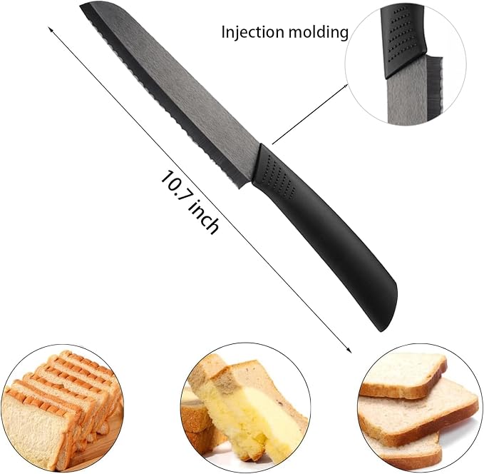 Ceramic Bread Knife - 6" Sharp Blade Serrated Kitchen Knife with Cover,Black